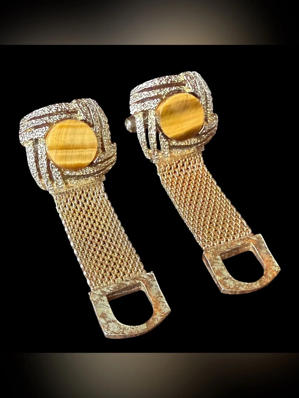 Mid Century Vintage Cuff Links w/ Tiger Eye Gemstones & Mesh Band